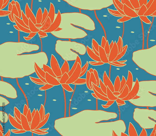 Vintage water lily seamless pattern. Classic chinese motif