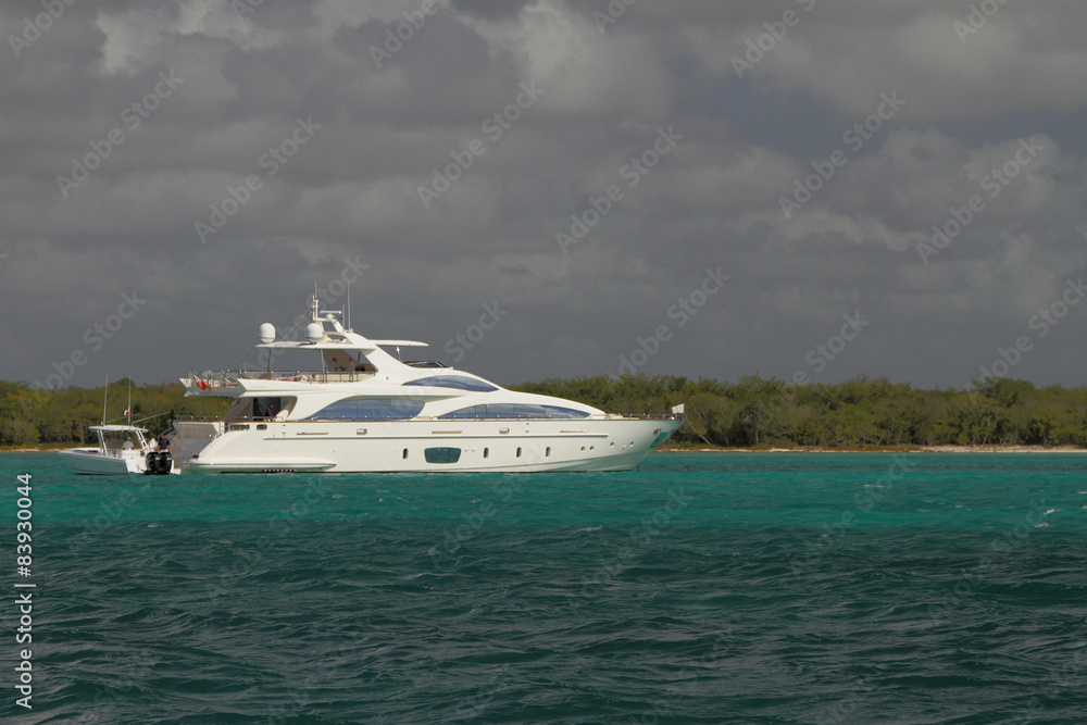 Yacht at coast of island. Isla Saona, La Romana, Dominicana