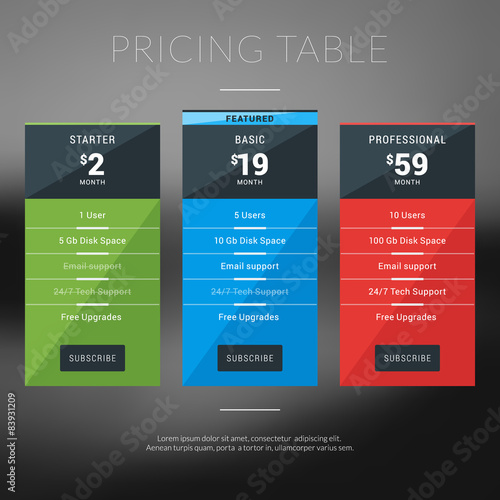 Vector Pricing Table in Flat Design Style for Websites