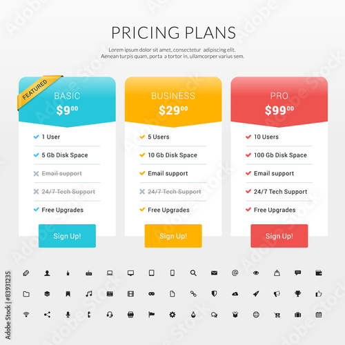 Vector Pricing Table in Flat Design Style for Websites