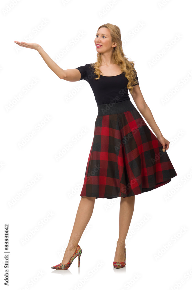 Fototapeta premium Beautiful young woman in plaid dress isolated on white
