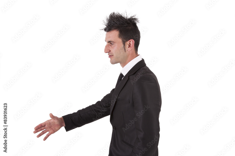 man with black suit shaking hands man with black suit shaking hands