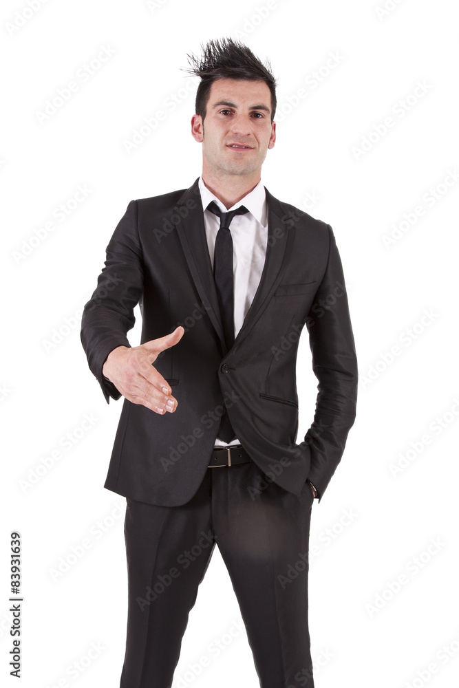 man with black suit shaking hands