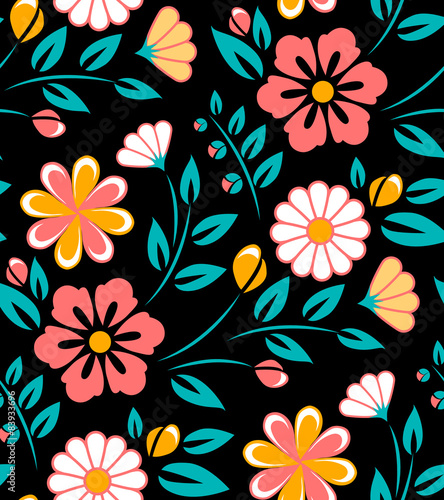 Seamless spring flower pattern on black background. Ukrainian