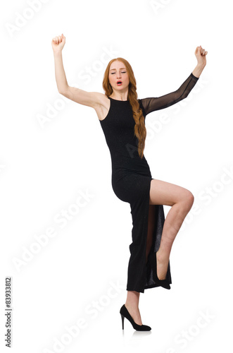 Young lady in elegant black dress isolated on white