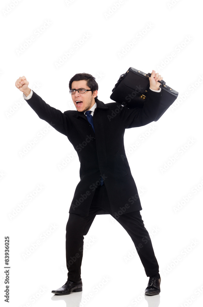 Young man holding suitcase isolated on white Young man holding suitcase isolated on white