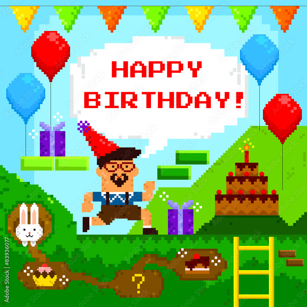happy birthday card template designed as retro pixel game Stock Vector