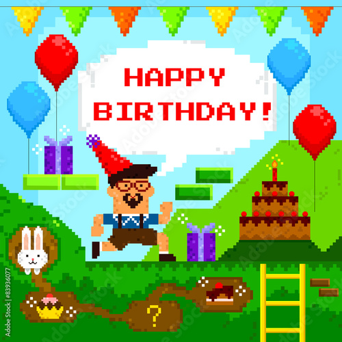 happy birthday card template designed as retro pixel game