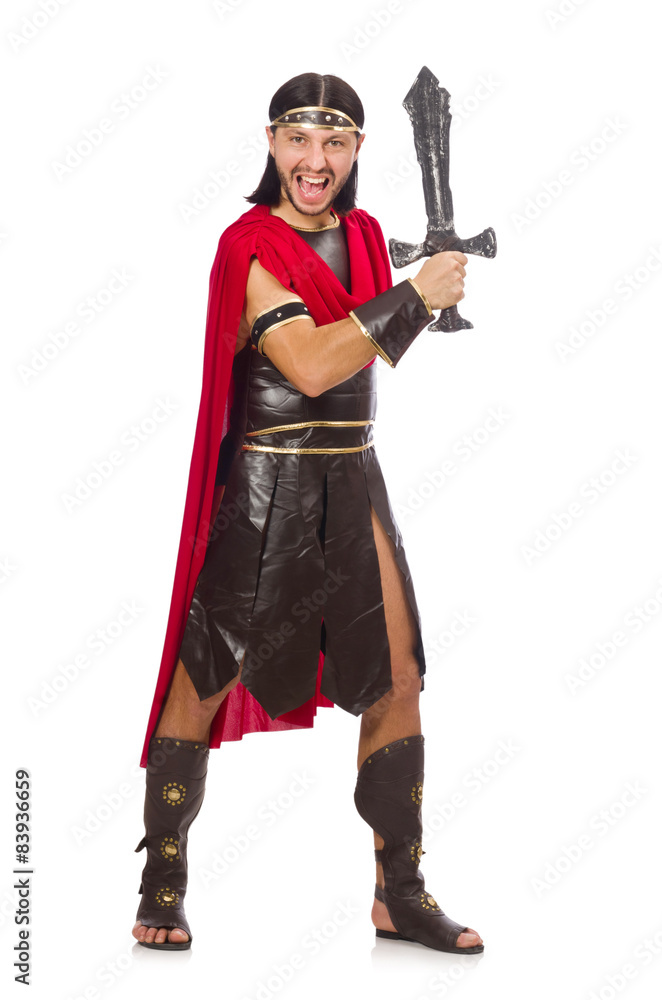 Gladiator posing with sword isolated on white Gladiator posing with sword isolated on white