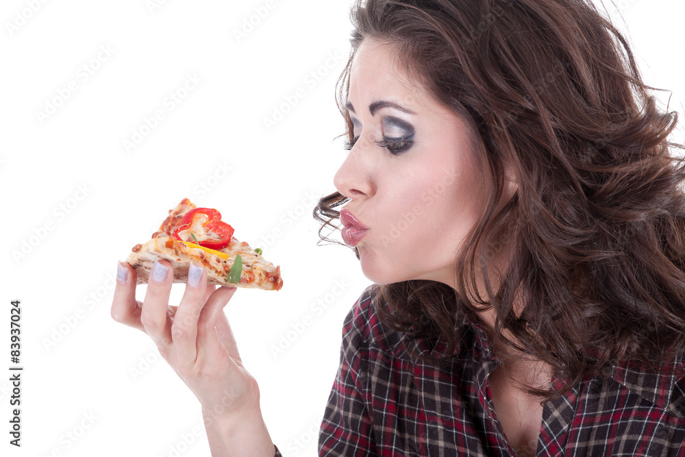 Junge Frau Gesicht küsst Pizza Porträt Junge Frau Gesicht küsst Pizza Porträt