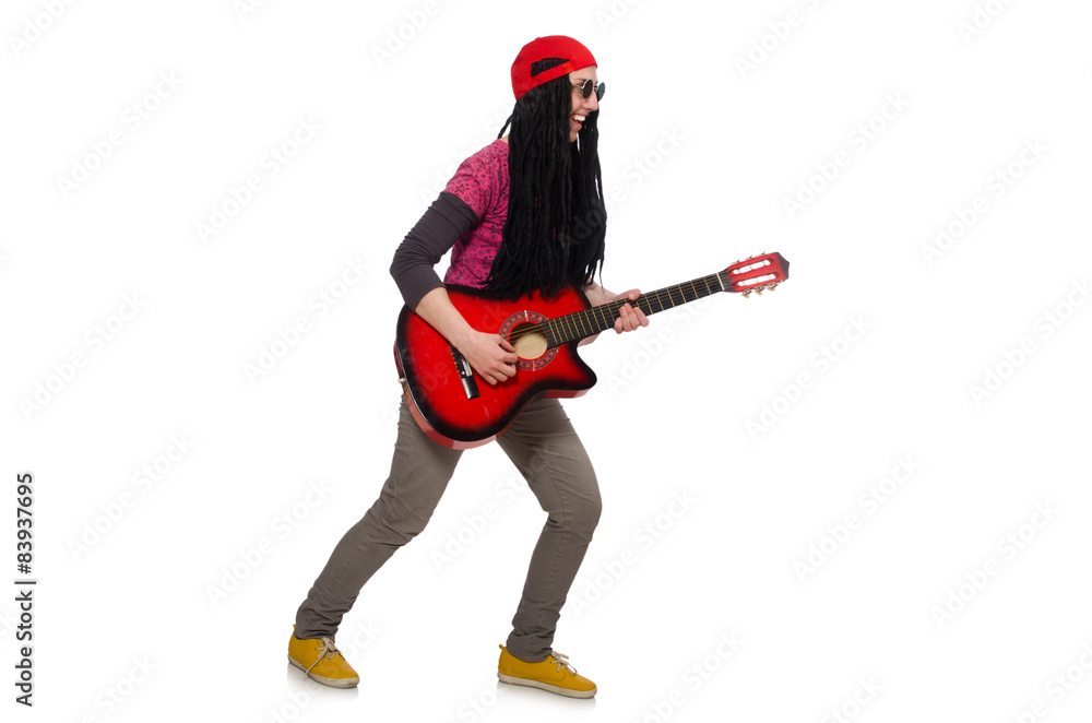Woman guitar player isolated on white Woman guitar player isolated on white