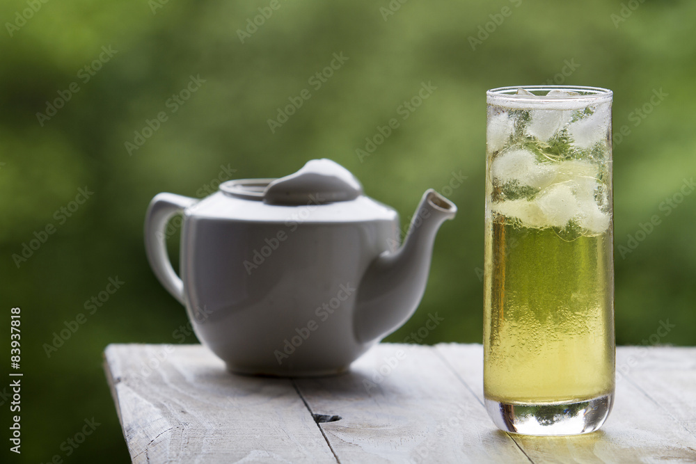 Green tea with ice in a tall glass Green tea with ice in a tall glass