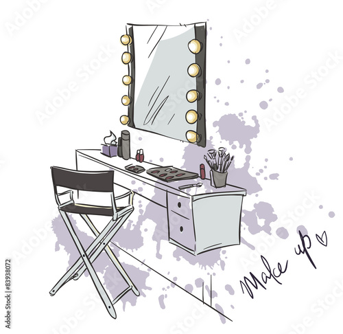 Make up. Vanity table and folding chair illustration. 