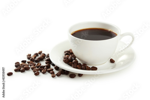 Cup of coffee with coffee beans isolated on white