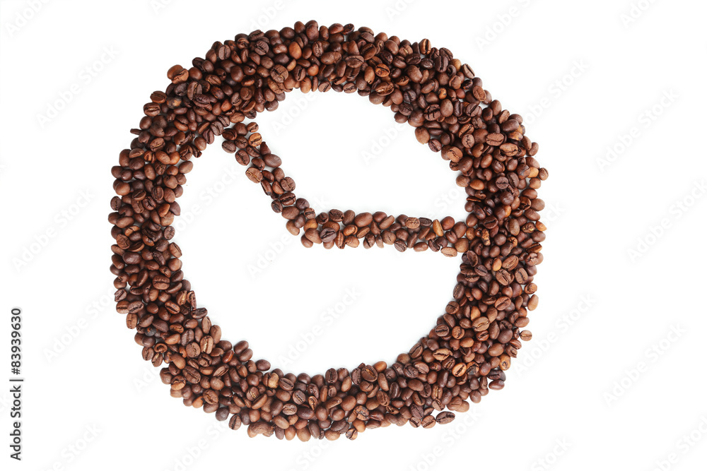 Coffee beans in clock symbol isolated on white Coffee beans in clock symbol isolated on white