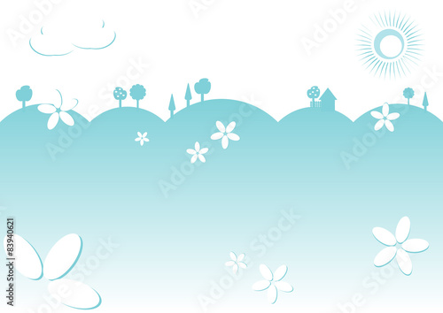 Kiddie background for text. Lawn with trees and house on horizon