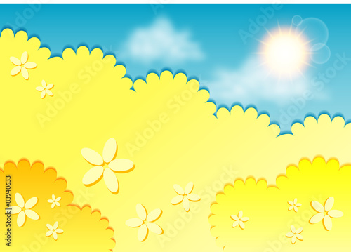 Kiddie background for text. Meadow of yellow flowers on blue sky
