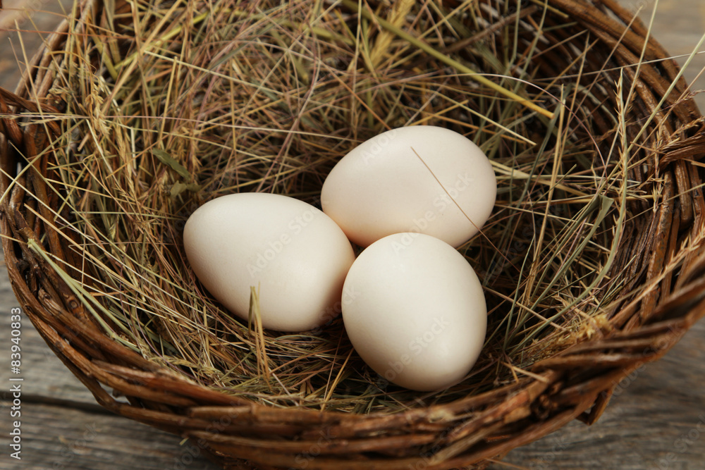 Eggs in basket on wooden background