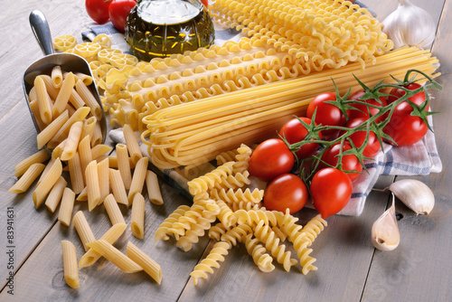 Durum wheat pasta and ingredients photo