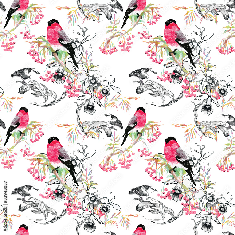 Fototapeta premium Seamless pattern with summer herbs and birds. Watercolor