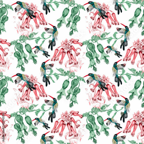 Seamless pattern with summer herbs and birds. Watercolor