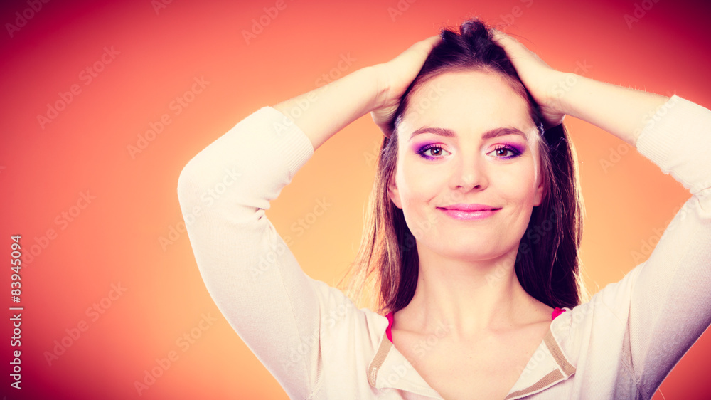 Fototapeta premium Woman long straight hair makeup portrait