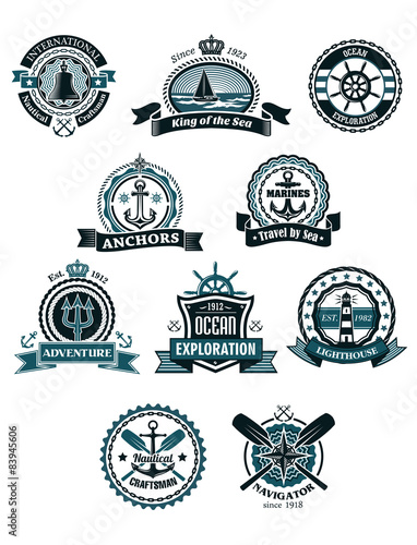 Marine icons and badges with nautical symbols