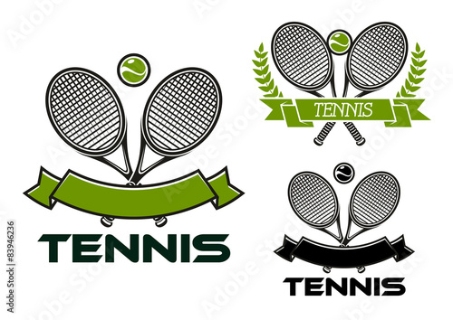Tennis game emblems with rackets and balls