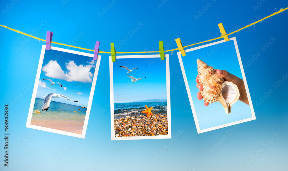 Sea pictures hanging on colorful pegs on blue background, collag