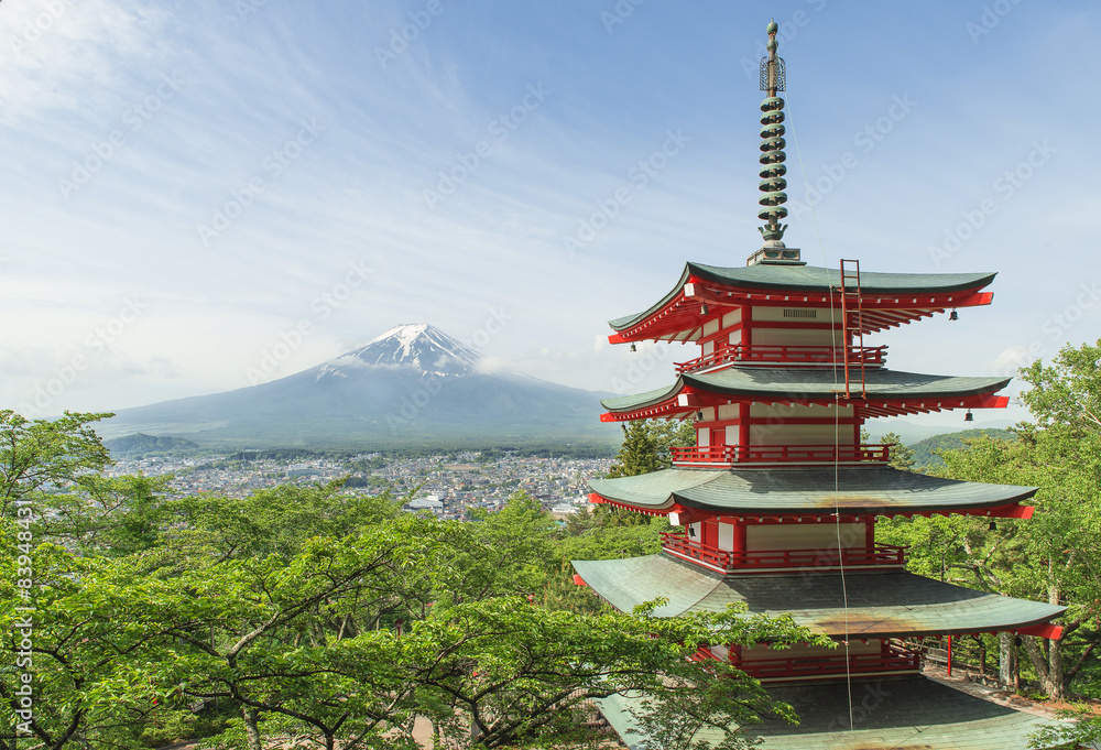 Travel destination - Mt. Fuji with red pagoda in Spring, Fujiyos Travel destination - Mt. Fuji with red pagoda in Spring, Fujiyos