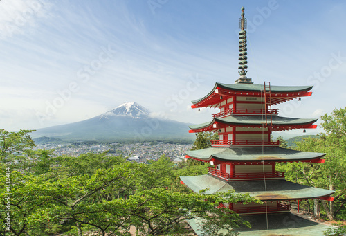 Travel destination - Mt. Fuji with red pagoda in Spring  Fujiyos