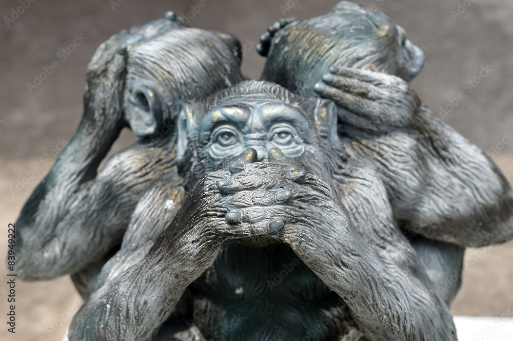 Fototapeta premium Three wise monkeys or Three Mystic Apes sacred ancient icon