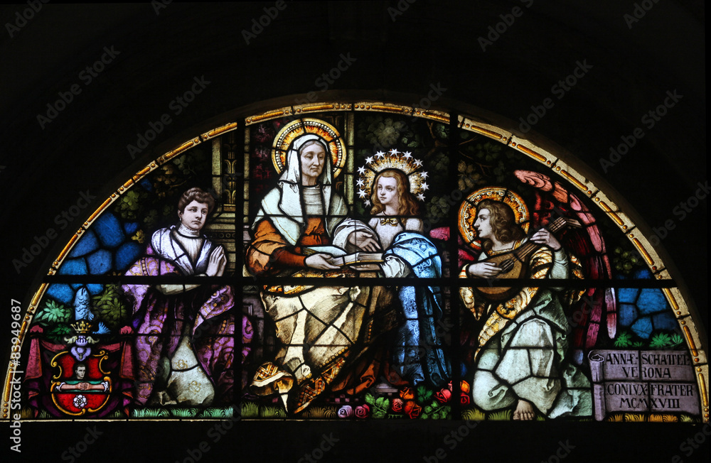Saint Ann, stained glass window, Church of the Birth of the Virgin Mary in Prcanj, Montenegro