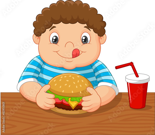 Cartoon little boy holding hamburger 