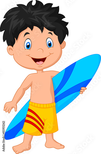 Cartoon little kid holding surfboard