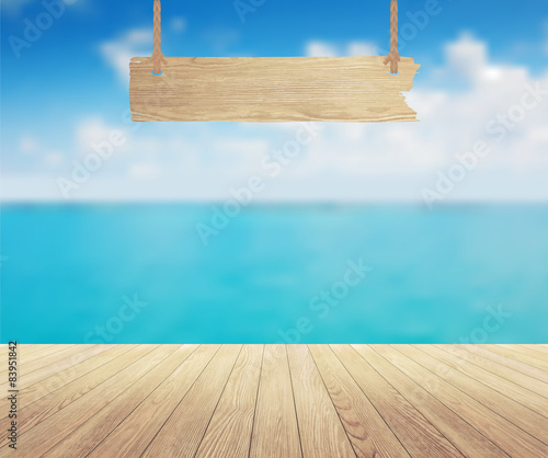 Vector beautiful sea view and wood planks floor background