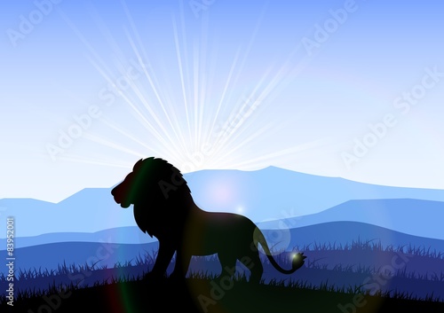 Fototapeta Naklejka Na Ścianę i Meble -  Lion in the field at dawn. Vector