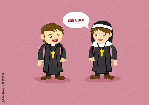 Cute Nun Says God Bless to Priest Cartoon Style Vector Illustrat