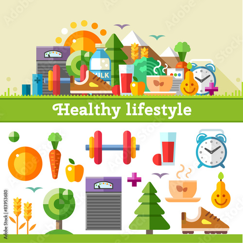 Healthy lifestyle. Vector flat icon set