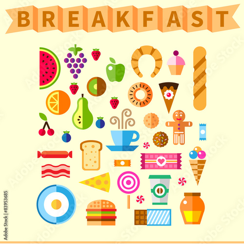 Good breakfast flat icon set in the morning
