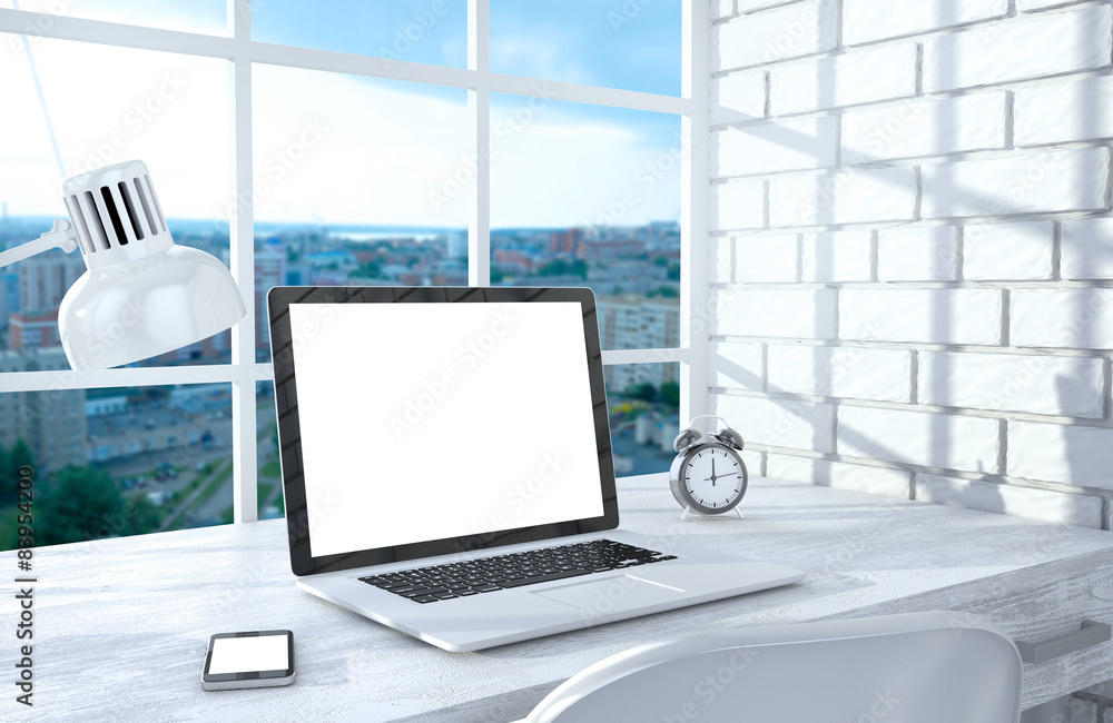 3D illustration laptopand work stuff on table near brick wall 3D illustration laptopand work stuff on table near brick wall