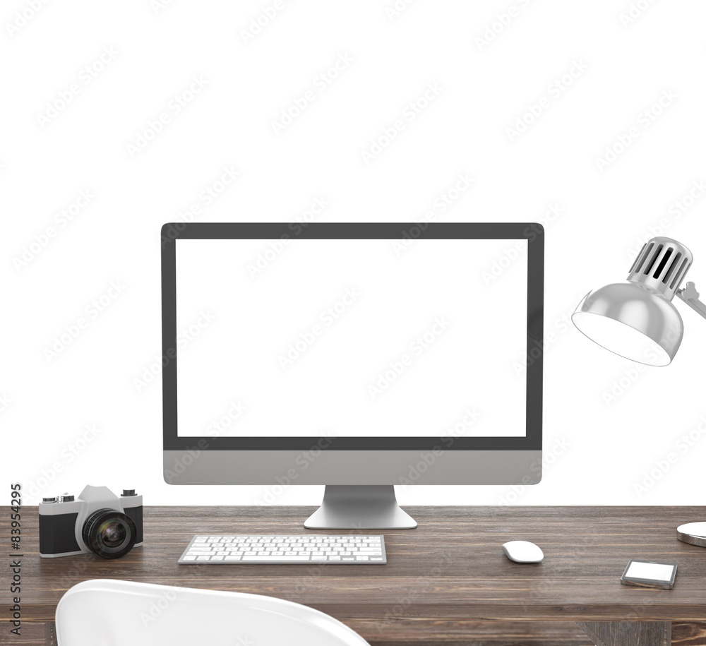 Fototapeta premium 3D illustration PC screen on table in office, Workspace