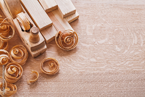 joinery composition old fashioned woodworkers plane and planks s photo