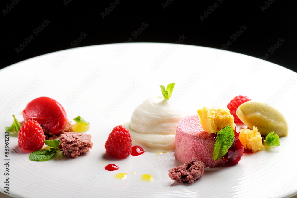 Fine dining dessert, Raspberry Parfait, ice cream Fine dining dessert, Raspberry Parfait, ice cream