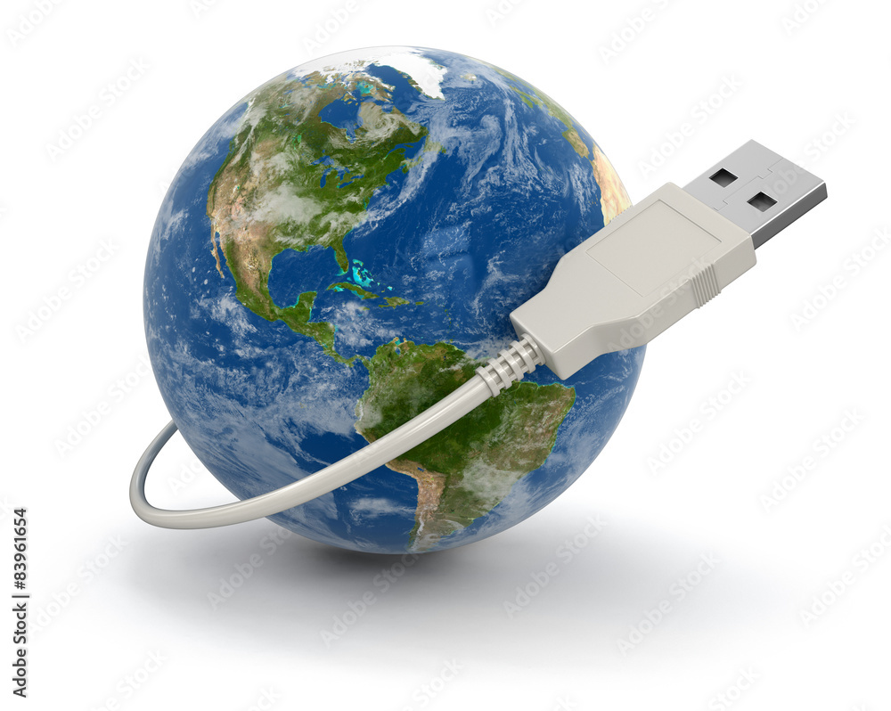 Fototapeta premium Globe and USB Cable (clipping path included)