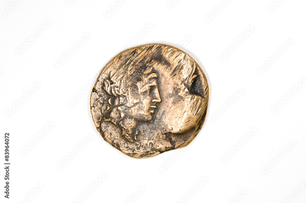 Fototapeta premium Vintage bronze coin with portrait on a white background