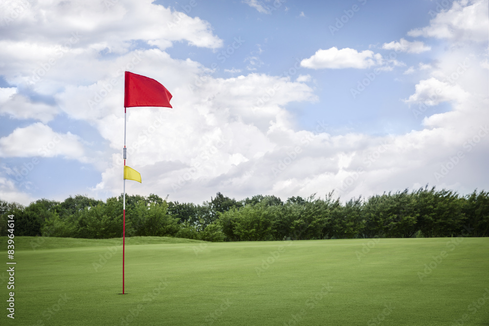 Flag on golf fairway with copyspace. Flag on golf fairway with copyspace.