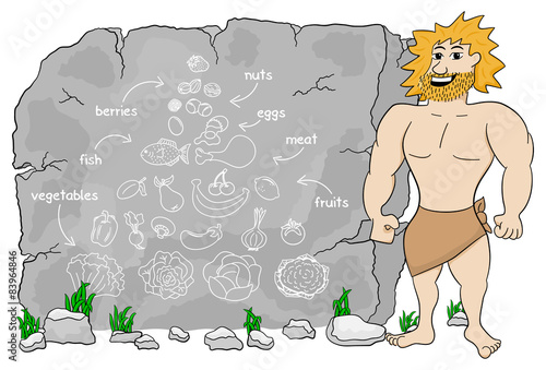 cave man explains paleo diet using a food pyramid drawn on stone
