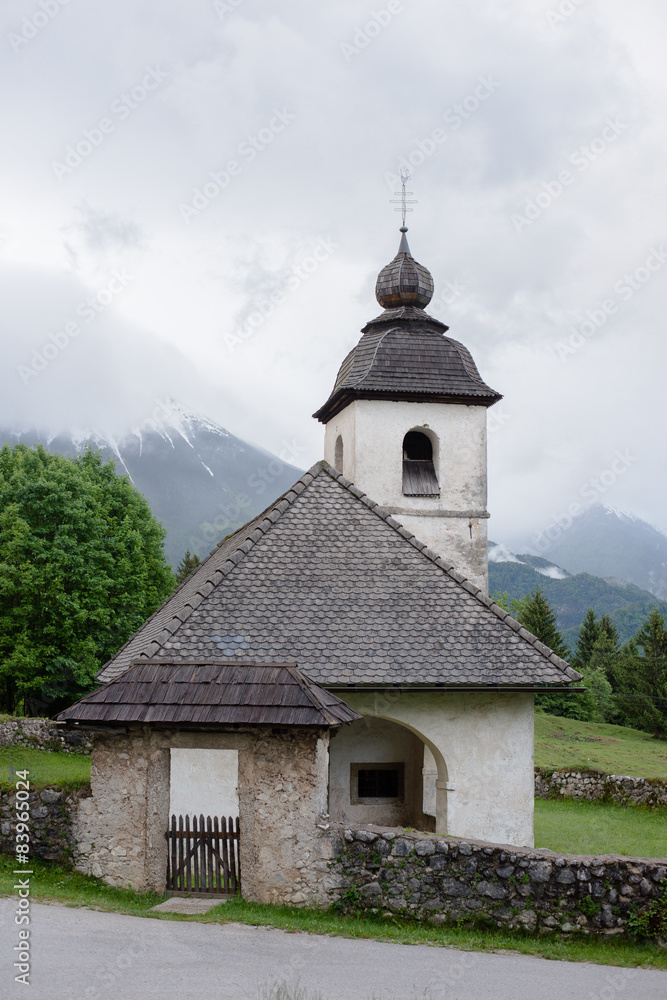 Beautiful mountain landscape in the Julian Alps with a church