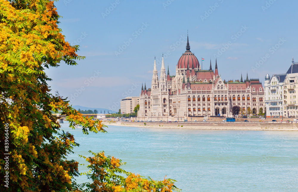 Obraz premium building of parliament of Hungary on river bank Danube
